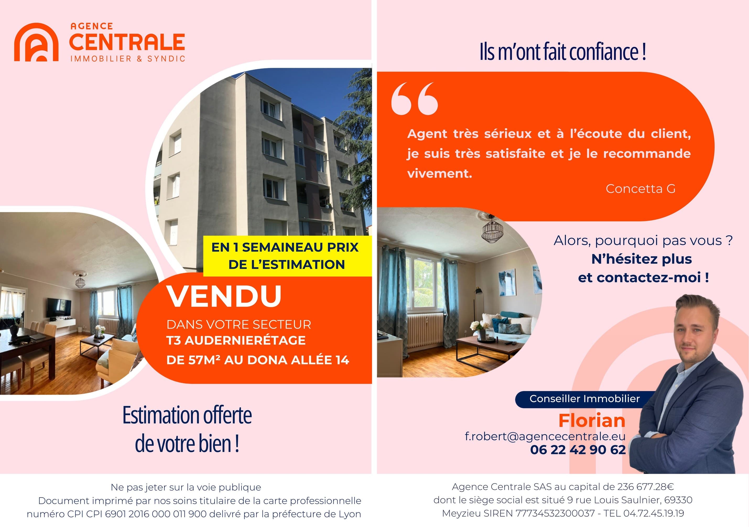Flyer Agence Centrale — recto/verso, 'En 1 semaine au prix de l'estimation' / 'Ils m'ont fait confiance'