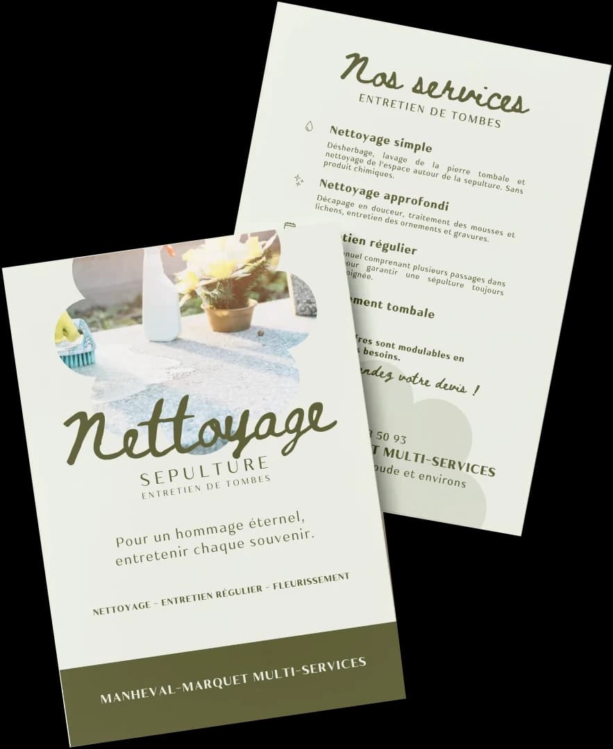 Flyer recto-verso Manheval-Marquet Multi-Services — Nettoyage de sépulture, entretien de tombes